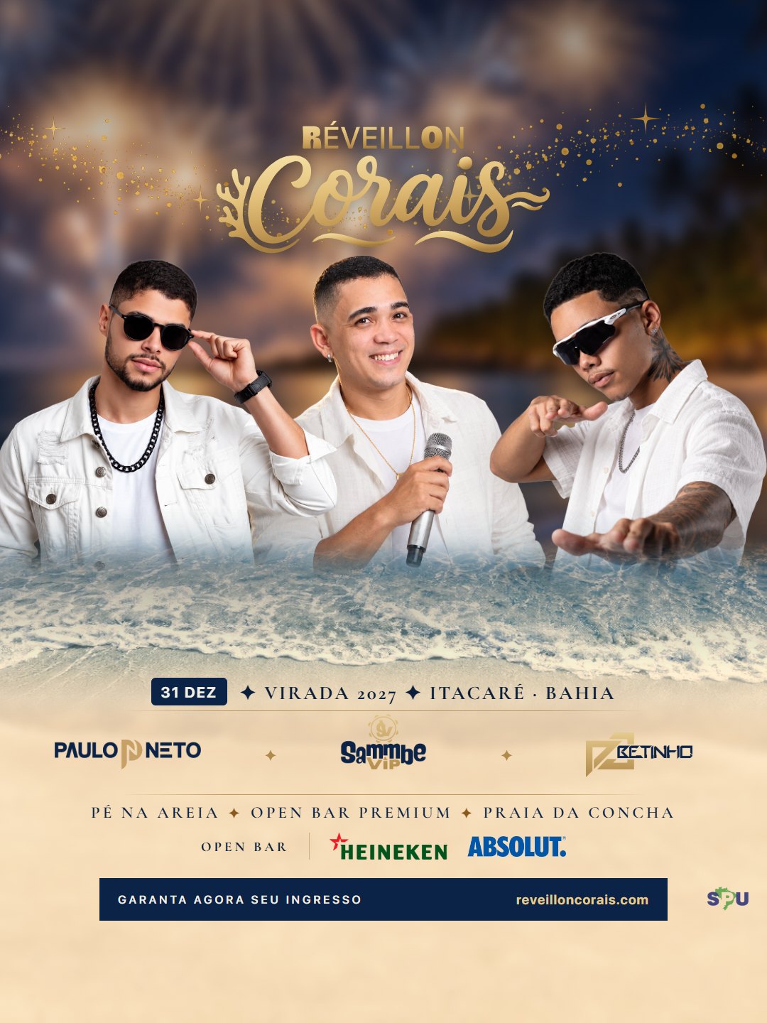 Cartaz oficial do Réveillon Corais 2027 com Paulo Neto, Sammbe Vip e DJ Betinho na Praia da Concha, Itacaré