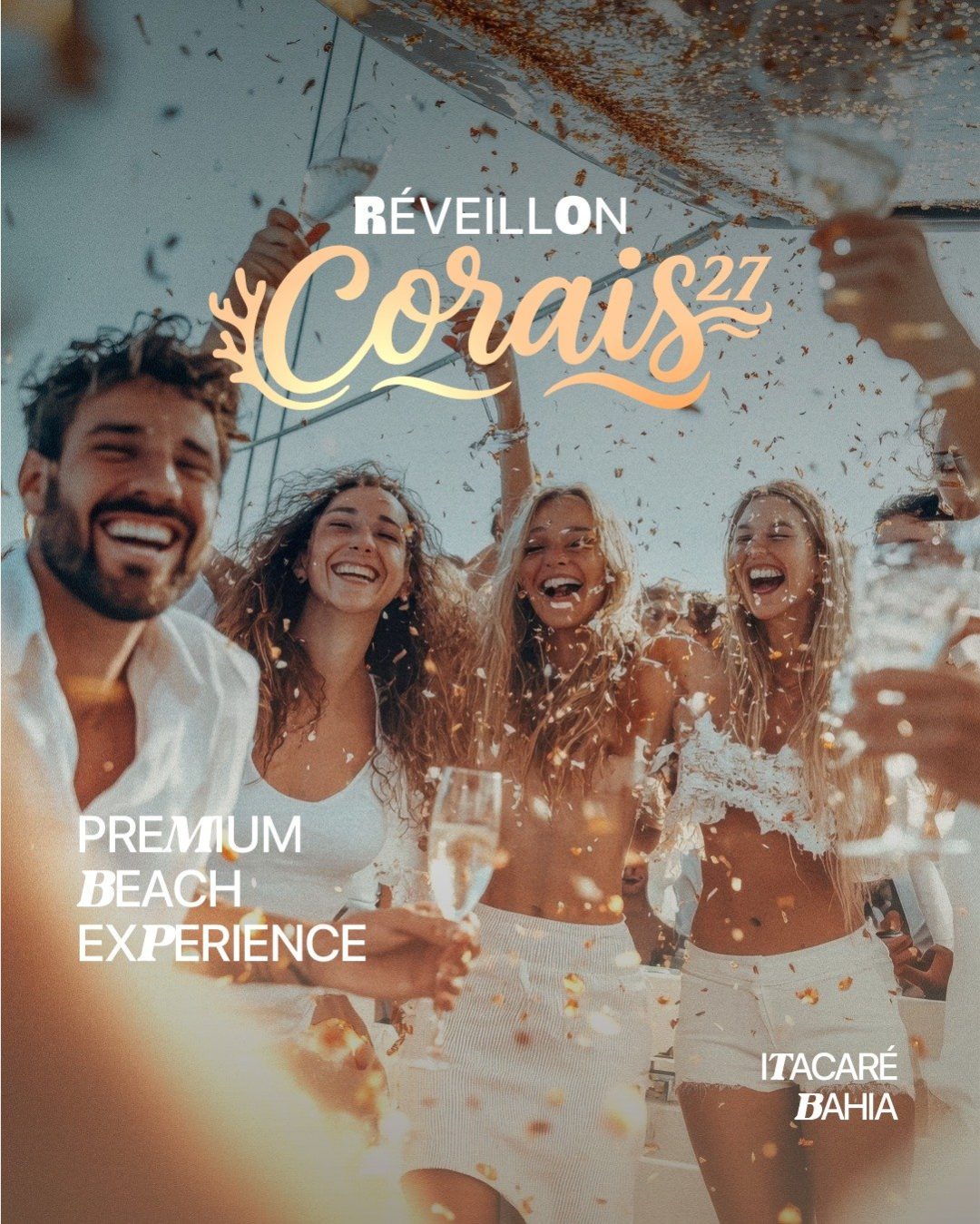 Arte oficial do Réveillon Corais 2027, Premium Beach Experience, Itacaré, Bahia